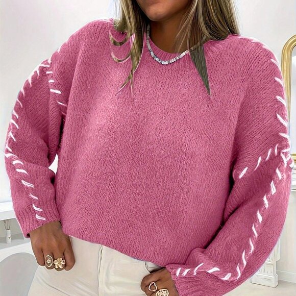 Plus Size Pink Casual Women's Minimalist Pullover Sweater - Picture 3 of 6